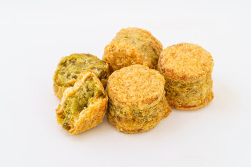 Chinese pastry mung bean cake on white background