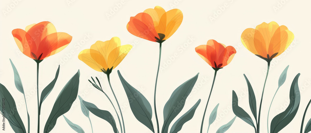 Canvas Prints A row of yellow and orange flowers with green leaves