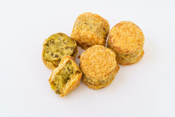 Chinese pastry mung bean cake on white background