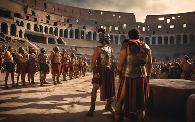 Gladiators awaiting their turn in the Colosseum, a tense air as spectators cheer, ancient Rome bustling around them - obrazy, fototapety, plakaty