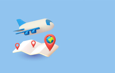 Time to travel. 3D render traveling elements: map, airplane and Earth planet. Summer vacation design. Air transportation.