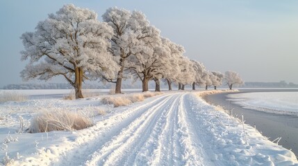   A line of trees alongside a snow-covered road in a snowfield, surrounded by more trees on either side