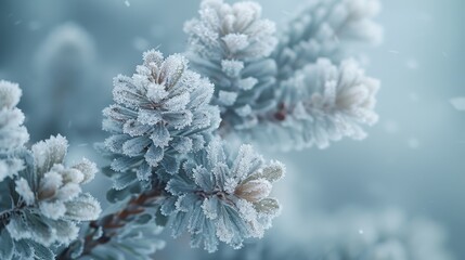   Close-up of a plant with frosted leaves amidst a blurry background of snowflakes
