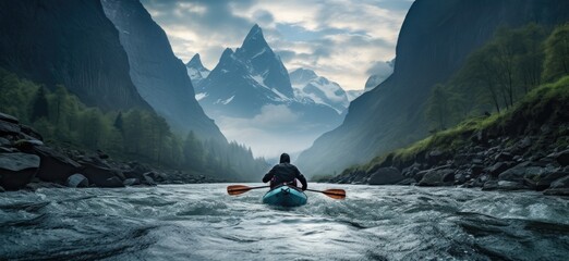 Experience the adrenaline rush of whitewater kayaking as a young man braves turbulent rapids in the mountainous wilderness. - obrazy, fototapety, plakaty