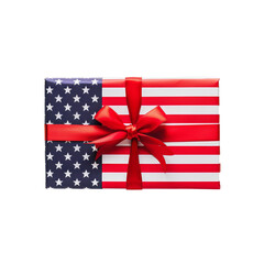 Obraz premium A patriotic present wrapped in an American flag motif, adorAn elegantly presented gift box featuring the stars and strined with a vibrant red bow, perfect for festive national events. White background