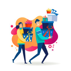Happy couple carrying Christmas gifts. Man and woman holding walking and holding present boxes flat vector illustration. New Year, Xmas, holiday concept for banner, website design or landing web page