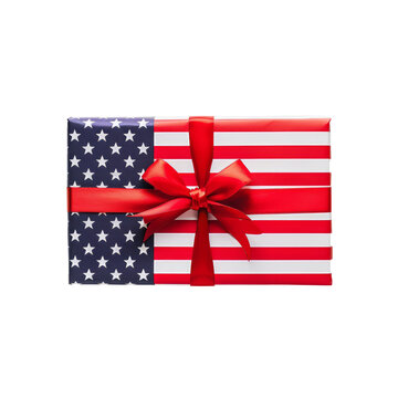 A patriotic present wrapped in an American flag motif, adorAn elegantly presented gift box featuring the stars and strined with a vibrant red bow, perfect for festive national events. White background