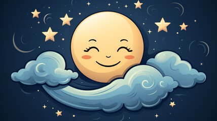 Obraz na płótnie Canvas A cute logo icon of a smiling moon on a starry night sky background.