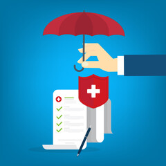 Medical healthcare insurance. Red shield on patient protection policy and pen. Medicine symbol.	
