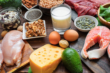 High vegetable and animal protein food sources. Fish, meat, poultry, nuts, cheese, eggs, seeds, vegetables and milk. Healthy eating and balanced food concept. Keto and low carb diet - 778812970