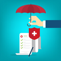 Medical healthcare insurance. Red shield on patient protection policy and pen. Medicine symbol.	