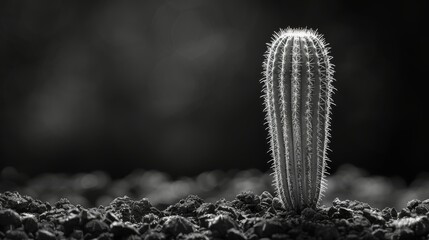   A monochrome image depicts a tiny succulent amidst rocky terrain and hazy surroundings - obrazy, fototapety, plakaty