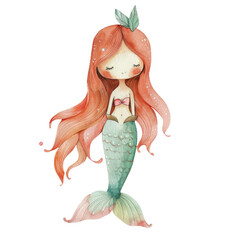 A whimsical illustration of a serene mermaid with flowing auburn hair, accompanied by a friendly fish amidst floating sea leaves, perfect for children's books, educational materials, or themed decor. - obrazy, fototapety, plakaty