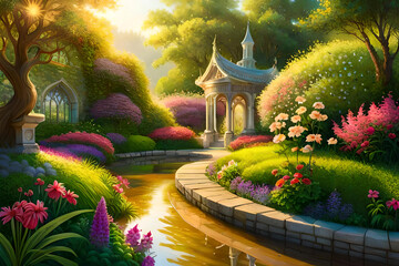 Secrets of Eden Unleashed: Witness the Enchanting Tapestry of an Intricate Garden Alive with Bursting Colors and Flourishing Flora with Generative AI 
 - obrazy, fototapety, plakaty
