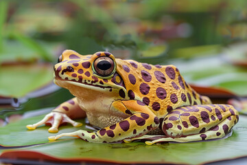 A frog with spots on its back is sitting on a leaf