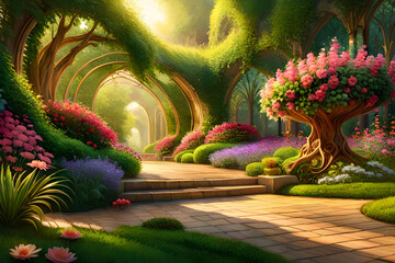 Nature's Kaleidoscope: Exploring the Intricate Beauty of an Enchanted Garden Bursting with Vibrant Blossoms and Flourishing Flora with Generative AI 
