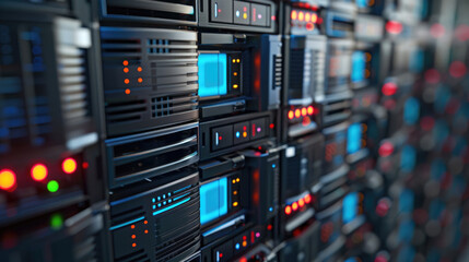 Close-Up of Mainframe Storage Servers in Data Center, Mainframe Servers at the Heart of Cloud Network