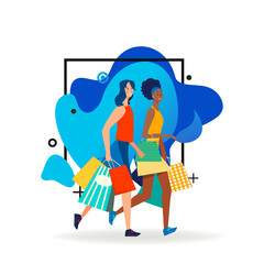 Positive female friends walking with shopping bags. Multiracial women, shoppers, customers flat vector illustration. Offline stores, friendship concept for banner, website design or landing web page