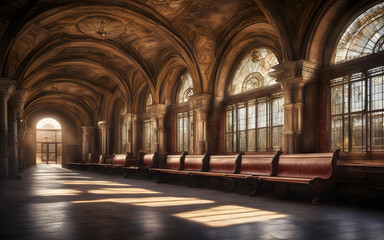 Historic train station interior, grand arches, vintage benches, and intricate tile work, early morning light