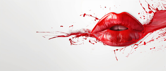 Banner with striking red lips with dynamic splash effect on a pristine white background. Copy space. Generative AI