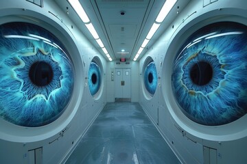 An imaginative, high-quality image depicting a sci-fi corridor designed like the interior of an eye, suggesting surveillance or data collection
