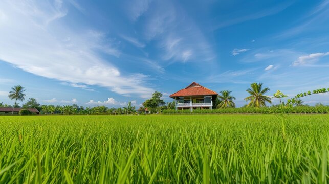 Background image of lush grass field and farm house with blue sky