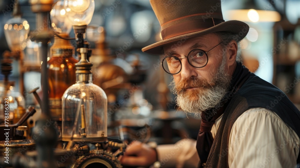 Wall mural innovation: a visionary inventor in a steampunk workshop - Wall murals