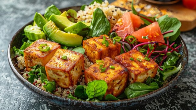   Close-up image of tofu and vegetables over rice