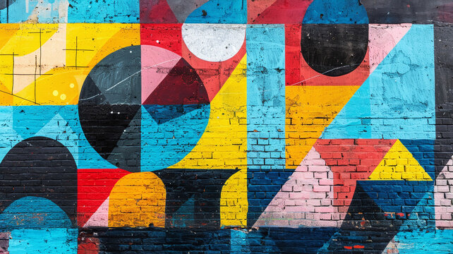 Abstract geometric street art, bold colors and shapes, painted by chalk in the brick wall, Stylish in the style of street art