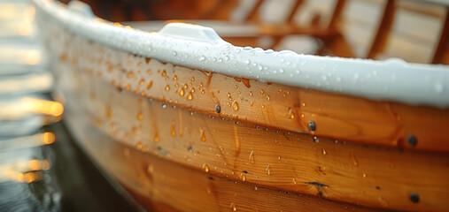   A close-up of a wooden boat with water droplets on its side and rows of chairs in the background - obrazy, fototapety, plakaty