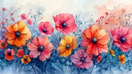 watercolor background with poppy flowers on meadow