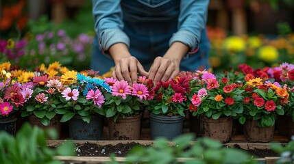 florist tending to colorful spring flowers in garden, gardening  and horticulture
