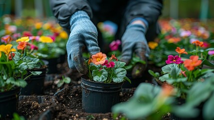 person planting colorful spring flowers in garden, gardening  and horticulture