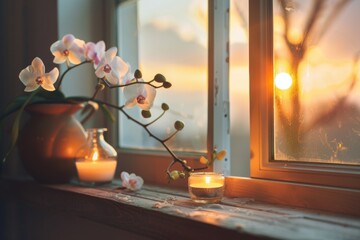 Close-up of a weathered wooden window ledge with a white orchid in bloom, a glass oil diffuser, and a flickering tea light - obrazy, fototapety, plakaty