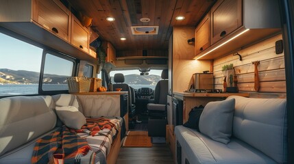 RV or camper van cozy interior with modern cabinets and stove. Mobile, nomad lifestyle adventure