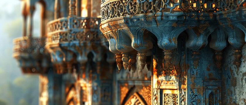 Closeup digital dot portrayal of a towers intricate balcony designs, highlighting artistic craftsmanship in architecture