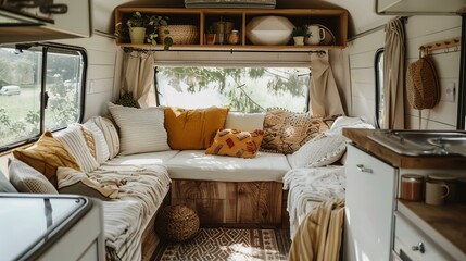 RV or camper van cozy interior with modern furniture. mobile, nomad lifestyle adventure - obrazy, fototapety, plakaty
