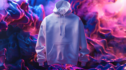 A mockup of a white hoodie in digital dot art, surrounded by an abstract fantasy world, glowing with vibrant neon surrealism