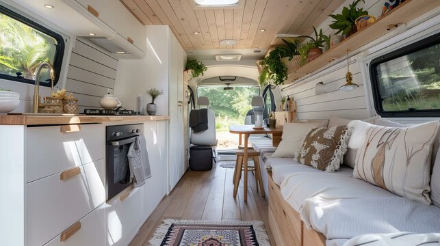 RV or camper van cozy interior with modern furniture. mobile, nomad lifestyle adventure