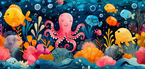 Fototapeta na wymiar Funny illustration of underwater mr in the style of children's illustration.