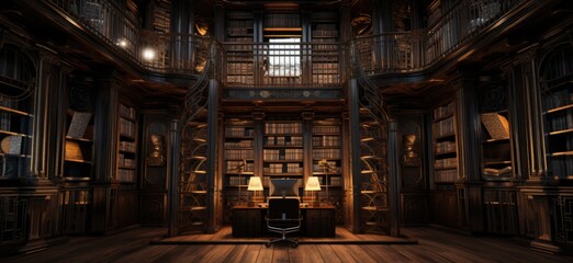 Experience the enchanting allure of an indoor library, where the scent of old books fills the air and shelves beckon with stories waiting to be rediscovered. - obrazy, fototapety, plakaty