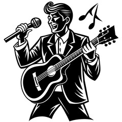 musician with guitar, black guitar silhouette vector illustration,icon,svg,acoustic guitar characters,Holiday t shirt,Hand drawn trendy Vector illustration,music instrument on black background