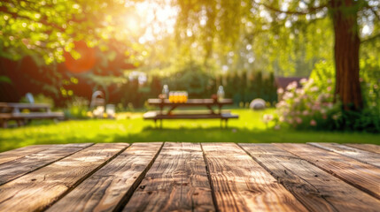 Empty Wooden Table with Garden Background