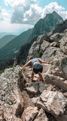 Runner scales a rocky outcrop on a mountain trail, hands gripping the rough stone for support
