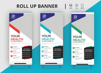 Healthcare and medical roll up design. roll up banner design layout.Medical roll up banner and retractable pull up banner ads or signage x stand banner for healthcare hospital