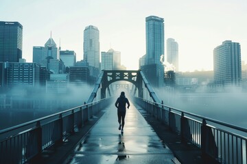 A lone runner crossing a grand bridge at sunrise, city skyline shrouded in morning mist - obrazy, fototapety, plakaty