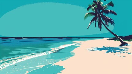 A pop art rendition of a classic beach scene: pristine white sand, crystal-clear turquoise water, and a single palm tree