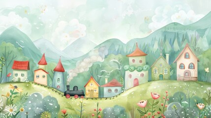 A whimsical watercolor painting of a steam train chugging through a storybook village nestled in a verdant valley, ideal for imaginative wall art or children's book settings.