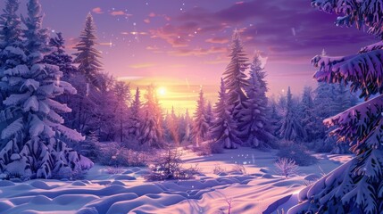 Beautiful winter landscape with forest, trees and sunrise. Winter morning of a new day.