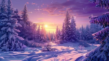 Foto op Aluminium Beautiful winter landscape with forest, trees and sunrise. Winter morning of a new day. © SULAIMAN